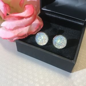 White Sparkle Druzy Stone Stud Earrings